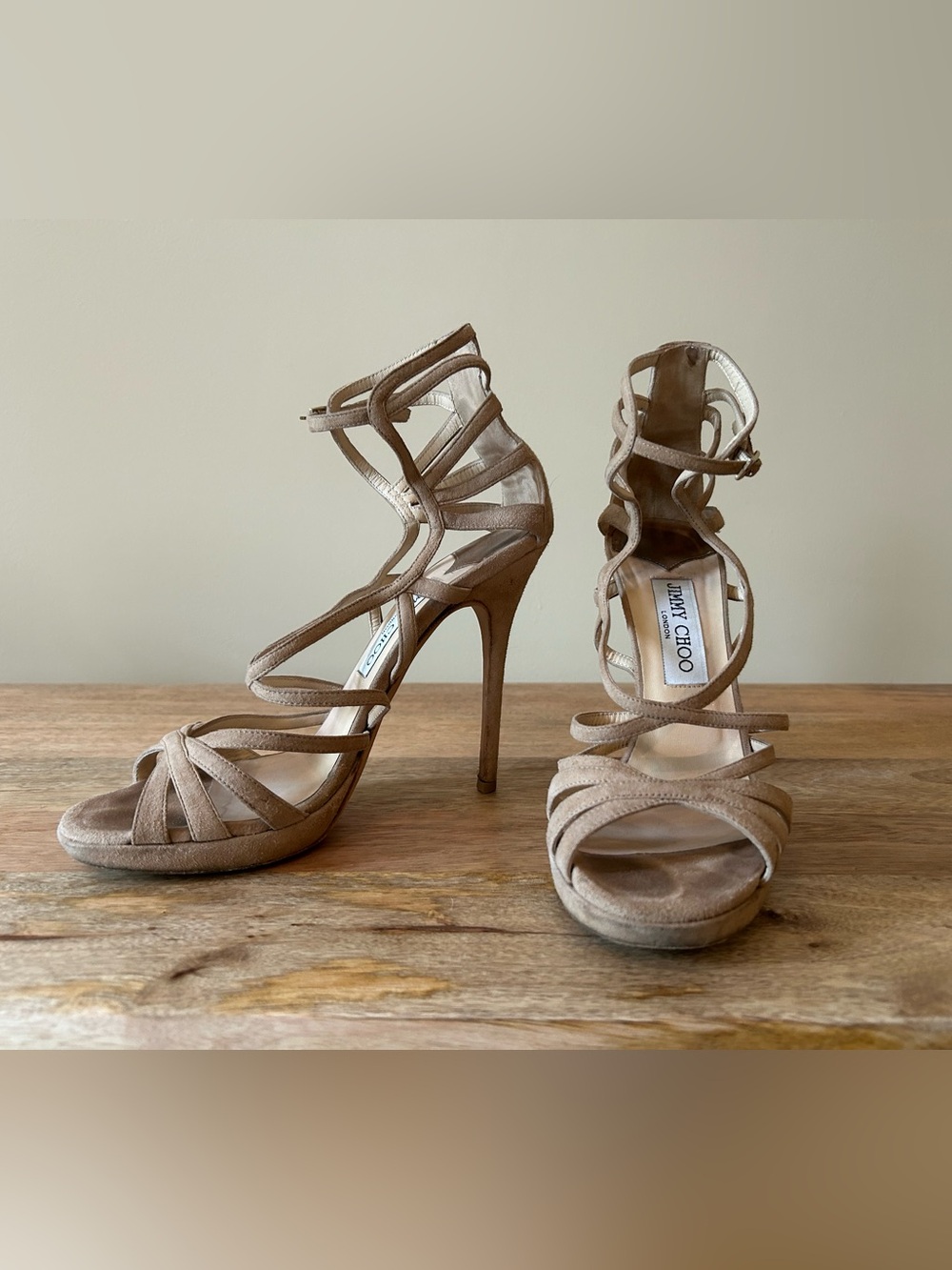Jimmy Choo Taupe Strappy Suede Stiletto Sandals